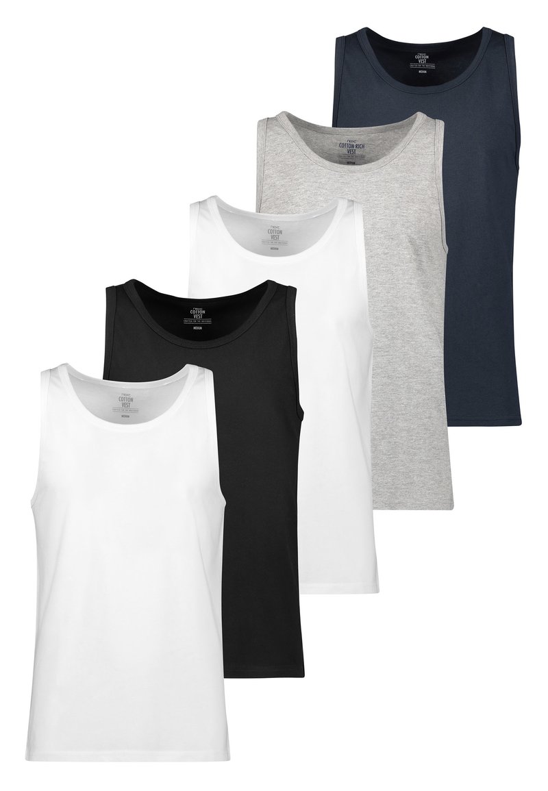 Fünf Baumwollwesten in einer Reihe: Weiß, Schwarz, Grau, Marineblau und Weiß. Jede hat einen runden Ausschnitt und ein ärmelloses Design und zeichnet sich durch eine weiche Stoffstruktur aus.
