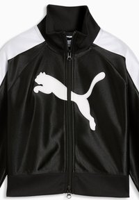 Αθλητικό μπουφάν με φερμουάρ σε ασπρόμαυρο, με μεγάλο λευκό λογότυπο του πούμα που πηδά στο στήθος και λευκές ανάγλυφες επιφάνειες στους ώμους.