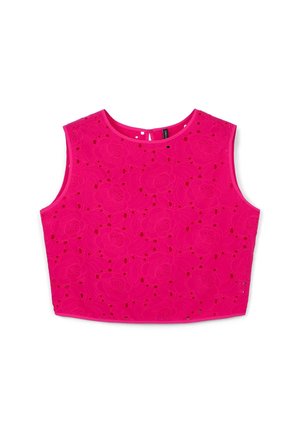 Débardeur fuchsia sans manches avec broderie florale, présentant des motifs découpés et un col rond. Tissu doux avec une texture lisse.