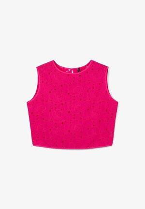 Top corto senza maniche fucsia con ricami floreali, caratterizzato da motivi a taglio e un collo rotondo. Tessuto morbido con una consistenza liscia.