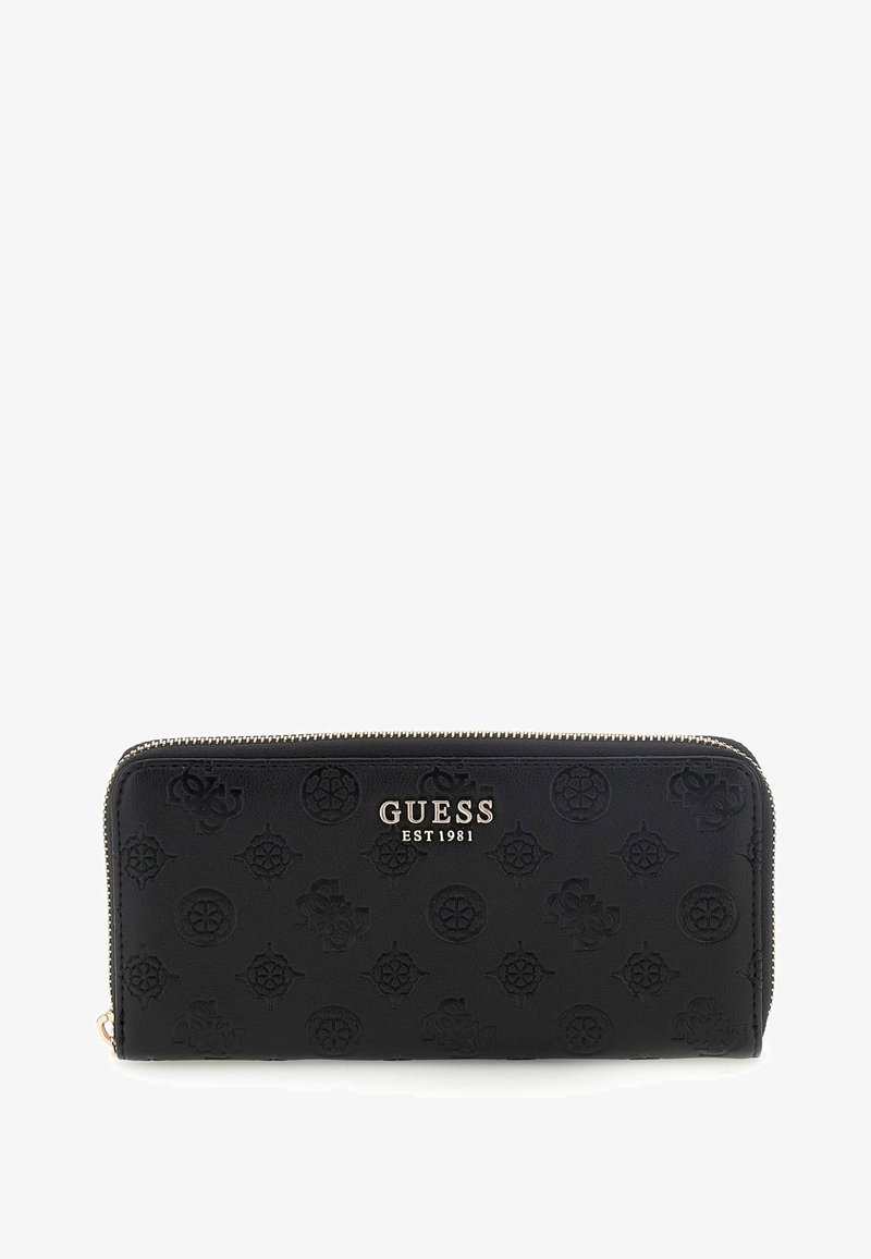 Black leather wallet with embossed logo pattern, gold-tone hardware, zip closure, rectangular shape, and subtle texture.
