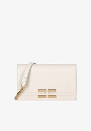 Pochette in pelle bianca con catenella dorata e placca rettangolare dorata con logo "Elisabetta Franchi" sul davanti.