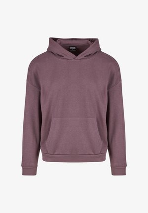 Mikina s kapucňou v tlmenej purpurovej farbe, vyrobená z jemného materiálu. Obsahuje predné vrecko a rebrované manžety. Uvoľnený strih s spustenými ramenami.