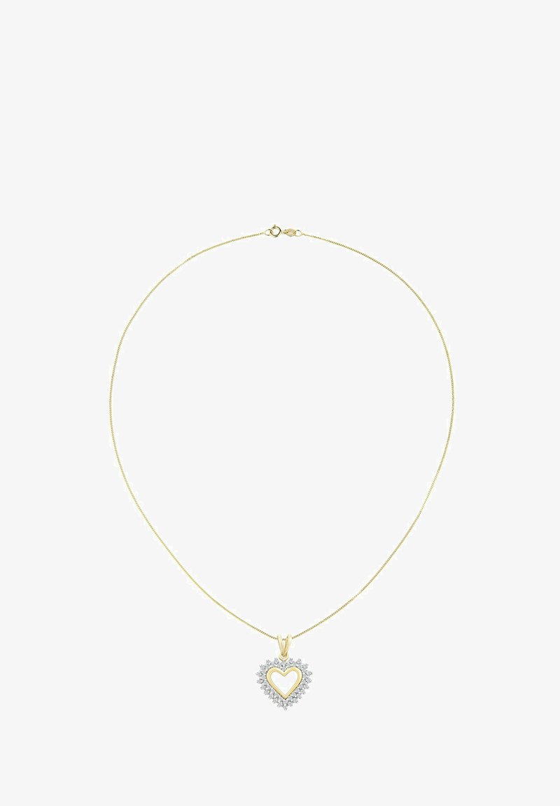 Collar de tono dorado con un colgante en forma de corazón, que presenta un corazón central transparente rodeado por un halo de pequeñas piedras transparentes.