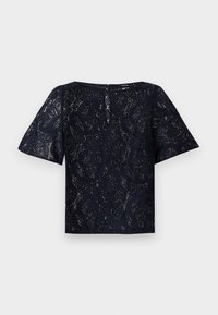 Marineblaues Spitzenoberteil mit kurzen Ärmeln, einem runden Ausschnitt und einem Knopfverschluss im Rücken. Filigranes Paisleymuster durchs ganze Oberteil.