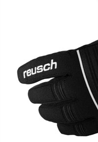 Schwarze Sporthandschuhe mit weißem "reusch"-Logo. Verfügt über genähten Stoff und strukturierte Griffbereiche. Enthält ein eng anliegendes Design mit Verstärkung am Daumen.