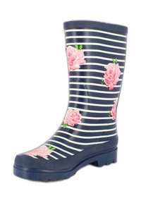 Marine rubberen regenlaarzen met witte strepen en roze bloemenpatronen. Voorzien van een gestructureerde zool voor grip en een afgerond teenontwerp.