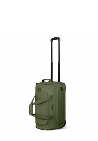 Borsone verde oliva con ruote, manico telescopico, doppie cinghie laterali e multiple tasche con zip.