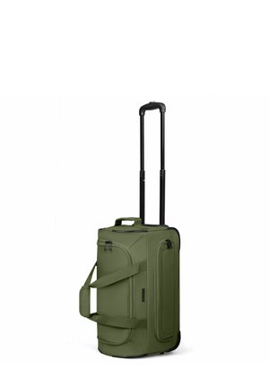 Borsone verde oliva con ruote, manico telescopico, doppie cinghie laterali e multiple tasche con zip.