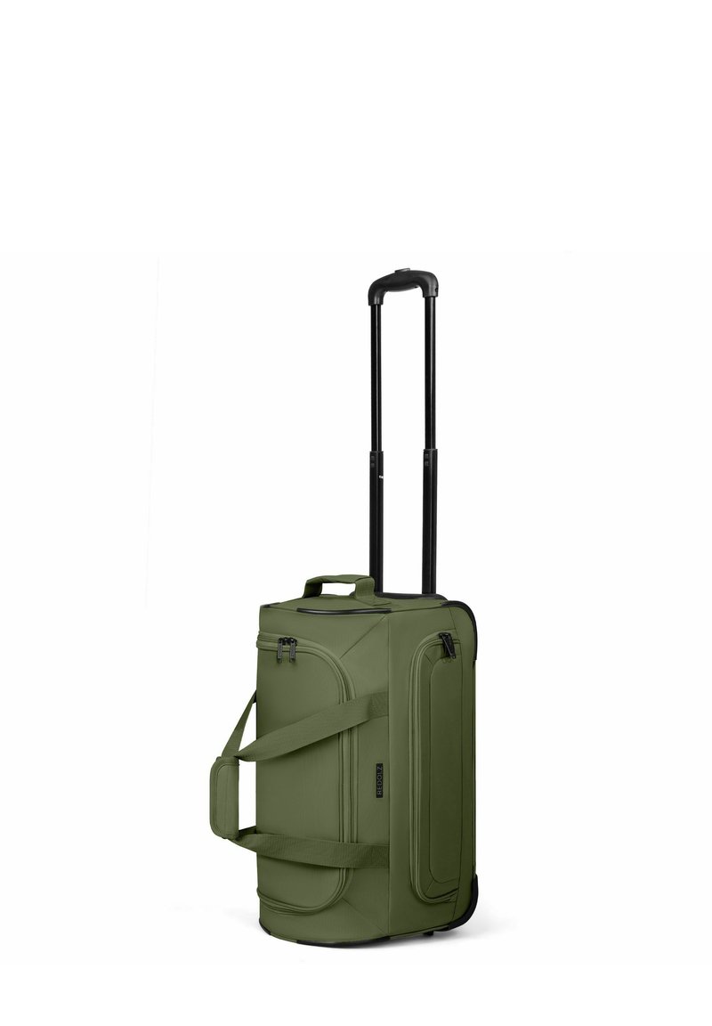 Borsone verde oliva con ruote, manico telescopico, doppie cinghie laterali e multiple tasche con zip.