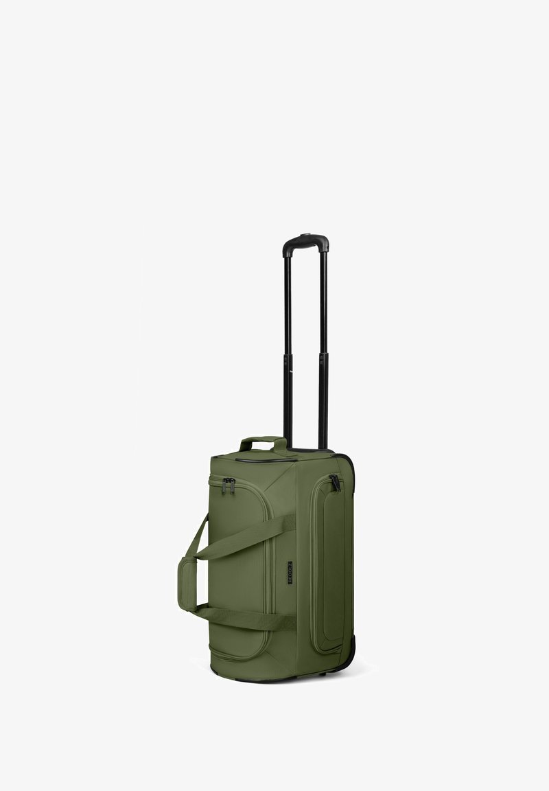 Borsone verde oliva con ruote, manico telescopico, doppie cinghie laterali e multiple tasche con zip.