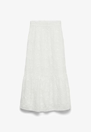 Hvid midi-nederdel med elastisk taljebånd og delikat broderet blomsterdekoration, med et rynket lag nær kanten.