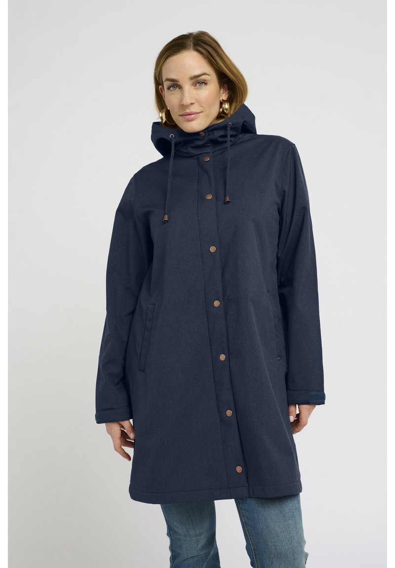 Veste imperméable marine avec capuche, dotée de boutons-pression, de cordons ajustables, de deux poches latérales et d'une coupe décontractée.