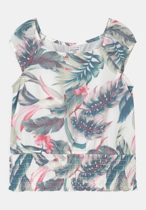 Débardeur enfant à imprimé feuilles tropicales et fleurs en vert, rose et blanc, avec taille smockée et encolure ronde.