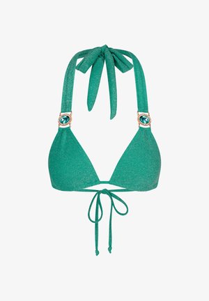 Vihreä kimalteleva bikinitoppi, jossa on kolmiomainen kuppi, kaula-aukossa sitomiset ja koristeelliset metalliosat, joissa on turkoosi yksityiskohta.