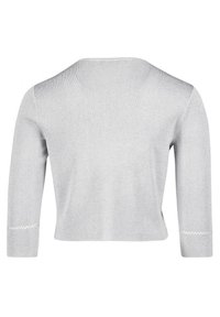 Maglione corto grigio chiaro, in materiale a coste, maniche tre quarti, scollo a barca, con dettagli di cucitura decorativa ai polsini.