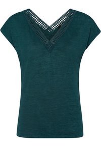 Haut à manches courtes teal avec un décolleté en V, mettant en valeur des détails en dentelle complexe le long de l'encolure. Fabriqué à partir d'un tissu doux et texturé.