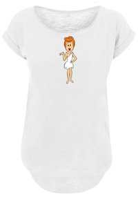 Weißes T-Shirt mit kurzen Ärmeln, auf der Vorderseite bedruckt mit einer Cartoonfigur mit orangefarbenen Haaren und einer Perlenkette in lebendigen Farben.