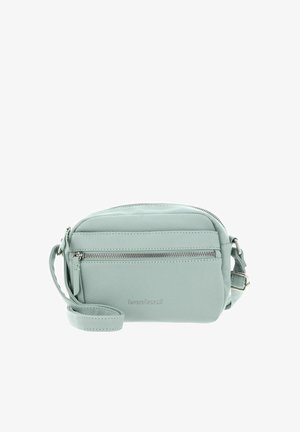 Kleine mintgrüne Leder-Crossbody-Tasche mit einer vorderen Reißverschlusstasche, verstellbarem Schultergurt und strukturiertem Oberflächenmaterial mit eingeprägtem Markenlogo.