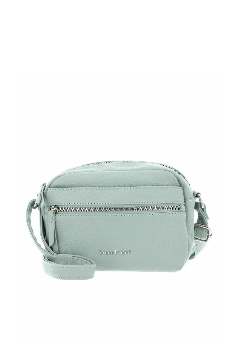 Petit sac en cuir vert menthe à porter en bandoulière, avec une poche zippée à l'avant, une sangle réglable et une surface texturée avec le logo de la marque en relief.