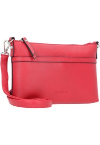 Rote synthetische Leder-Crossbody-Tasche mit Reißverschluss, flachem Design, verstellbarem Riemen und geprägt Logo. Akzentuiert mit schwarzem Besatz.