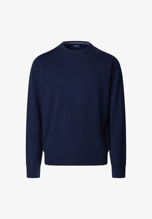 Granatowy sweter z długim rękawem, o okrągłym dekolcie, z prążkowanymi mankietami i krawędzią, wykonany z prostego dzianinowego materiału.