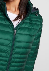 Grøn letvægtsvatteret jakke med quiltet tekstur, lynlåslukning og hætte med snoretræk. Stoffet har en glat, skinnende finish.