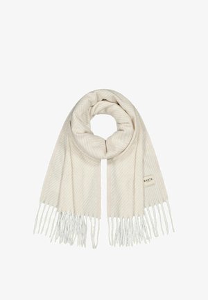 Woven scarf featuring a herringbone pattern in light beige and cream, with fringed edges and a small brand label.