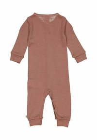 Romper z długim rękawem w kolorze przykurzonego różu, wykonany z miękkiego materiału, z okrągłym dekoltem, ściągaczami na rękawach oraz luźnym krojem.