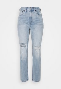 Svetle modré vysoké džíny vyrobené z denimu, s roztrženými otvory na kolenou a rovný střih nohavic s klasickým designem pěti kapes.