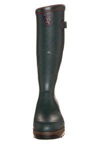 Green rubber rain boot with a smooth finish, a brown sole, and a logo on the upper side. Features a strap detail for adjustment.