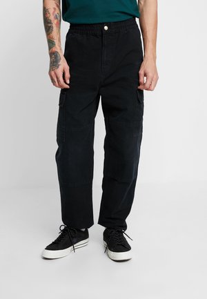 Svarta cargobyxor med elastisk midja, sidofickor och en avslappnad passform. Tillverkade av ett hållbart tyg med en slät yta.