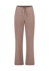 Geribbelde, beige loungebroek met een tailleband met trekkoord; recht gesneden ontwerp; textiel met structuur; casual stijl geschikt voor ontspannen draag.