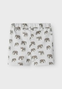 Hvite stoffshorts med et heldekkende elefantmønster i forskjellige nyanser av grått. Elastisk liv med tekstur.