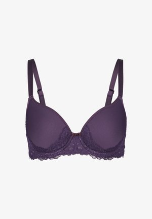 Lila Spitzen-BH mit gepolsterten Cups, verstellbaren Trägern und einer dekorativen Mittelbinde. Mit floralen Spitzenakzenten entlang des unteren Randes.