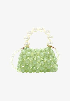 Perlenhandtasche mit grünem Acrylkörper, ausgestattet mit einem perlenähnlichen Griff und weißen Perlenakzenten. Runde Form mit strukturierter Oberfläche.