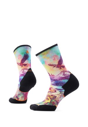Socks with colorful mountain landscape and flying bird designs, featuring black heel and toe areas with orange trim accents.