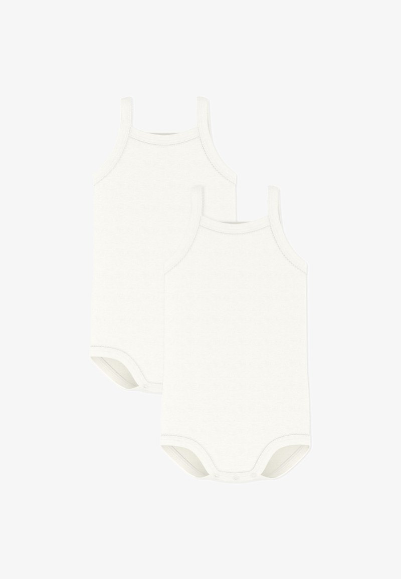 Divi vienkārši balti bezpiedurkņu bērnu bodiji ar plecu siksnām un spiedpogas aizdares jostasvietā, izvietoti uz baltas fona.