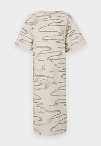 Beige midi-kjole med korte ermer, abstrakte sorte svirvler og subtile grønne og brune plante-design på bomullsstoff.