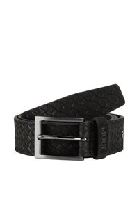 Zwarte geweven leren riem met een zilverkleurige metalen gesp en een zacht stoffen accent met de merknaam "JOOP!" in reliëf.