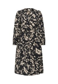 Robe noire avec un motif tourbillonnant crème, manches longues, encolure en V, fermeture par boutons et ceinture nouée à la taille pour une silhouette ajustée.