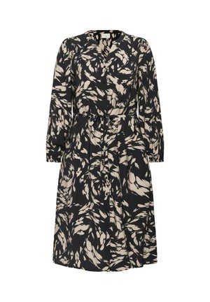 Zwarte jurk met een draaiend crème patroon, lange mouwen, een V-hals, knoopsluiting en een ceintuur in de taille voor een aansluitend silhouet.