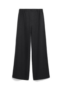 Breda byxor i svart med elastisk midja. Tillverkade av lättviktsmaterial, med en slät yta och utan synliga mönster eller detaljer.