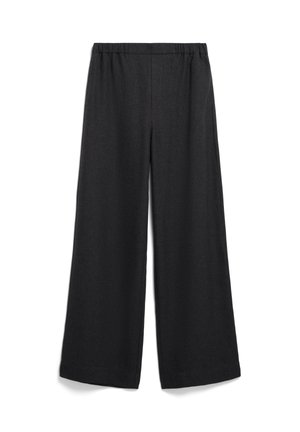 Weiter Schnitt, schwarze Hose mit elastischem Bund. Hergestellt aus leichtem Stoff, mit glatter Textur und ohne sichtbare Muster oder Akzente.