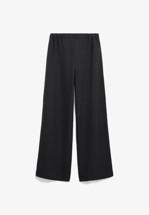 Ruime zwarte broek met een elastische tailleband. Gemaakt van lichte stof, met een zachte textuur en zonder zichtbare patronen of accenten.