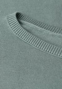 Hellgrüner Strickpullover mit Rundhalsausschnitt, geripptem Kragen und glatter Textur, die feine Nähte und ein gleichmäßiges Muster hervorhebt.