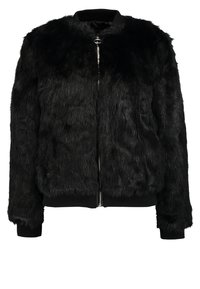 Svart fuskpäls bomberjacka med dragkedja framtill, ribbade muddar och fåll. Har en mjuk textur och rund halsringning.