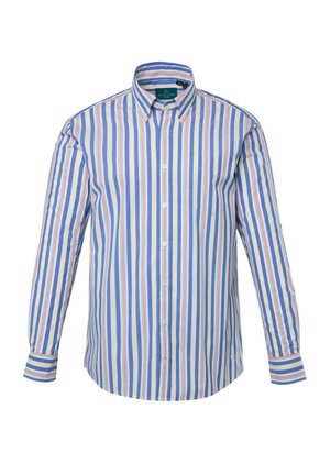Gestreepte langemouwen overhemd in blauw, geel en rood. Voorzien van een button-down kraag, een voorste sluiting en een enkele borstzak. Gemaakt van katoen.