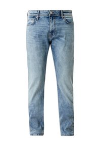 Jeans de mezclilla azul claro con un diseño clásico de cinco bolsillos, ligeramente desgastados, corte recto, y cierre de un botón con cremallera.