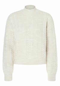 Cremfarbener Strickpullover mit hohem Kragen, verkürztem Design und langen Ärmeln mit gerippten Bündchen und Saum.